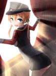  :d anchor_hair_ornament bad_id bad_pixiv_id black_skirt blonde_hair blush cowboy_shot curtains gloves green_eyes hair_ornament hat iron_cross kantai_collection long_sleeves looking_at_viewer looking_back military military_hat military_uniform nekobaka open_mouth peaked_cap pleated_skirt prinz_eugen_(kantai_collection) skirt smile solo sunlight twintails uniform white_gloves 