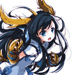  black_hair blue_eyes blush_stickers brass_knuckles china_dress chinese_clothes dragon_girl dragon_horns dress gloves head_fins highres horns karin_(p&amp;d) long_hair open_mouth pikomarie puzzle_&amp;_dragons solo spiked_knuckles weapon white_background 