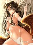  1girl artist_request breasts brown_hair character_request hair horns large_breasts long_hair panties source_request stomach thick_thighs thighs topless wings yellow_eyes 