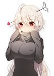  arrow arrow_in_head artist_name bad_id bad_pixiv_id blush breasts large_breasts long_hair long_sleeves original red_eyes solo sukja turtleneck very_long_hair white_background white_hair 