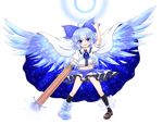  :d \m/ adapted_costume arm_cannon blue_eyes blue_hair bow cape cirno cosplay fang full_body hair_bow highres ice ice_wings mismatched_footwear mofu_mofu open_mouth parody pose reiuji_utsuho reiuji_utsuho_(cosplay) short_hair skirt smile third_eye touhou transparent_background weapon wings 