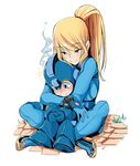  1girl blonde_hair blue_eyes blush bodysuit boots color_connection embarrassed full_body grass height_difference helmet high_heel_boots high_heels hug hug_from_behind long_hair metroid nisego ponytail robot rockman rockman_(character) samus_aran shiny shiny_hair sitting sitting_on_lap sitting_on_person smile smoke super_smash_bros. white_background wristband zero_suit 