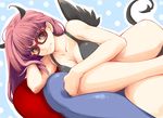  black_bra black_wings bra breasts cleavage collarbone demon_girl demon_tail ears glasses head_rest holding_legs horns legs long_hair lying medium_breasts noraico nose on_side original polka_dot polka_dot_background red-framed_eyewear red_eyes red_hair smile solo tail underwear wings 