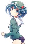  ass blue_eyes blue_hair cowboy_shot frilled_shirt_collar frills from_behind hair_bobbles hair_ornament hat highres kawashiro_nitori key long_sleeves looking_at_viewer looking_back pocket reizoooko shirt short_hair simple_background smile solo swimsuit swimsuit_under_clothes touhou two_side_up white_background 