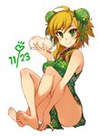  :q ahoge alternate_costume bad_id bad_twitter_id baozi bare_legs bare_shoulders barefoot blonde_hair blush breasts bun_cover china_dress chinese_clothes dated double_bun dress dumpling feet food full_body green_eyes hoshii_miki idolmaster idolmaster_(classic) kusanagi_tonbo large_breasts legs long_hair looking_at_viewer simple_background sitting soles solo toes tongue tongue_out white_background 