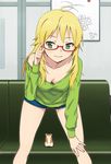  ahoge bent_over bespectacled blonde_hair blush breasts collarbone couch downblouse extended_downblouse glasses green_eyes hamster hamuzou hand_on_own_knee hashi hoshii_miki idolmaster idolmaster_(classic) long_hair medium_breasts nodoka_glasses nonowa red-framed_eyewear semi-rimless_eyewear sexually_suggestive shorts smile solo tic-tac-toe under-rim_eyewear whiteboard 