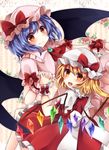 bat_wings blonde_hair blue_hair blush bow brooch flandre_scarlet hands_together hat hat_bow jewelry multiple_girls red_eyes remilia_scarlet sash siblings sisters steepled_fingers touhou wings wrist_cuffs yuria_(kittyluv) 