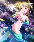  1girl blonde_hair breasts brown_eyes edited heart_hands idolmaster idolmaster_cinderella_girls morikubo_nono nipples nude nude_filter photoshop small_breasts solo stage tears thighhighs 