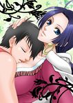  1girl amazon black_hair blue_eyes boa_hancock breast_pillow breasts cape chikaburo closed_eyes earrings hand_on_another's_head jewelry large_breasts leaf long_hair monkey_d_luffy one_piece parted_lips purple_hair sleeping snake_earrings 
