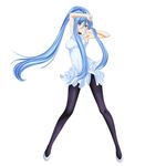  aoki_hagane_no_arpeggio armpits arms_up black_legwear blue_eyes blue_hair choker dress full_body high_heels highres jishou_roukyuu legs long_hair long_legs looking_at_viewer mole mole_under_mouth pantyhose ponytail pose shoes simple_background smile solo takao_(aoki_hagane_no_arpeggio) thighs very_long_hair white_background white_dress 