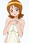  breasts brown_eyes brown_hair collarbone covering hands_on_own_chest happinesscharge_precure! manji_(tenketsu) medium_breasts nude oomori_yuuko precure shiny shiny_hair short_hair smile solo towel 