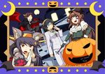  ;d adapted_costume alternate_costume animal_ears bat_wings black_hair blue_eyes brown_hair detached_sleeves double_bun fake_animal_ears glasses gloves green_eyes hair_ornament hairband hairclip halloween haruna_(kantai_collection) hat hiei_(kantai_collection) highres kantai_collection kemonomimi_mode kirishima_(kantai_collection) kongou_(kantai_collection) long_hair multiple_girls nontraditional_miko notice_(kou) one_eye_closed open_mouth paw_gloves paws purple_eyes rensouhou-chan short_hair smile tail vampire_costume wings witch_hat wolf_ears wolf_paws wolf_tail yellow_eyes 