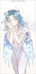  bangs bishoujo_senshi_sailor_moon blue_hair bracelet cape character_name closed_eyes dress flower hair_flower hair_ornament hands_clasped interlocked_fingers jewelry kaiou_michiru own_hands_together parted_bangs shamko short_hair solo white white_background white_dress 