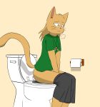  2018 anthro bathroom bittersweet_candy_bowl black_nose breasts butt cat clothed clothing digital_media_(artwork) english_text eyebrows feline female fur hair hi_res mammal notmypornaccount pajamas relieved shorts simple_background sitting smile solo sue_(bcb) tan_fur teenager text toilet toilet_use webcomic young 