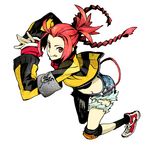  7th_dragon_(series) 7th_dragon_2020 :q armband braid destroyer_(7th_dragon_2020) full_body hands_together jacket knee_pads long_hair looking_at_viewer midriff miwa_shirou nishimura_haru_(7th_dragon) red_eyes red_hair shoes short_shorts shorts sneakers solo tongue tongue_out twin_braids white_background 