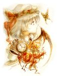  ascot bad_id bad_pixiv_id bat_wings bug butterfly cup eyebrows flower hat hat_ribbon insect keiko_(mitakarawa) lips mob_cap nose pocket_watch profile red_eyes remilia_scarlet ribbon scarlet_devil_mansion short_hair simple_background sketch solo spilling tea teacup touhou upper_body watch wings 