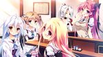  5girls blonde_hair blue_eyes blue_hair blush brown_hair carrot_lu_angora collarbone elbow_gloves eyepatch game_cg gloves grey_hair hair_between_eyes hair_ornament kanojo_ga_ore_ni_kureta_mono._ore_ga_kanojo_ni_ageru_mono. kojima_alice kojima_neneko long_hair multiple_girls nabekane_tsubasa onomatope ornament pink_eyes ponytail red_eyes red_hair shiratama short_hair striped striped_legwear taiga_(kanojo_ga_ore_ni_kureta_mono._ore_ga_kanojo_ni_ageru_mono.) thighhighs twintails 