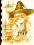  bad_id bad_pixiv_id blonde_hair boiling book bookshelf braid chemicals chemistry chemistry_set collared_shirt erlenmeyer_flask hand_on_own_cheek hat keiko_(mitakarawa) kirisame_marisa lamp looking_at_viewer open_book photo puffy_short_sleeves puffy_sleeves round-bottom_flask shirt short_sleeves single_braid sitting sketch smile solo steam table touhou vial witch_hat yellow_eyes 