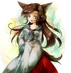  animal_ears breasts brooch brown_hair collarbone dress fang hands_on_hips hisagifuro imaizumi_kagerou jewelry long_hair looking_at_viewer medium_breasts messy_hair red_eyes simple_background slit_pupils solo standing tail touhou white_dress wolf_ears wolf_tail 