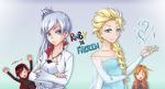  ang_quan anna_(frozen) aqua_background aqua_dress bare_shoulders blonde_hair blue_eyes braid cape character_name copyright_name corset crossover dress earrings elsa_(frozen) english frozen_(disney) gradient gradient_background high_collar jewelry long_hair multiple_girls necklace pendant ponytail red_hair ruby_rose rwby scar short_hair siblings side_ponytail single_braid sisters smile tiara twin_braids weiss_schnee white_hair 