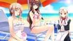  anata_no_koto_wo_suki_to_iwasete bare_shoulders beach bikini blonde_hair blue_eyes breasts brown_hair cleavage cloud clouds cygnus_(artist) eyes_closed food game_cg hairband happy highres huge_breasts ice_cream large_breasts legs long_hair looking_at_viewer maid maid_headdress mole multiple_girls ocean parasol satofuji_masato short_hair sitting sky smile swimsuit thighs umbrella water yellow_eyes 