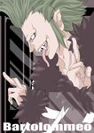  bartolomeo character_name chikaburo crossed_arms crossed_fingers fang fur_trim green_hair long_tongue male_focus nose_piercing nose_ring one_piece piercing pointy_ears profile sharp_teeth sidelocks solo teeth tongue 