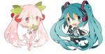  :d absurdly_long_hair aqua_eyes aqua_hair bare_shoulders boots cherry cherry_hair_ornament chibi detached_sleeves dual_persona food food_themed_hair_ornament fruit hair_ornament hatsune_miku headset long_hair microphone multiple_girls necktie open_mouth pink pink_eyes pink_hair sakura_miku simple_background skirt smile thigh_boots thighhighs twintails very_long_hair vocaloid watermelan white_background wide_sleeves zettai_ryouiki 
