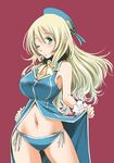  28 adapted_costume aqua_eyes atago_(kantai_collection) bare_shoulders bikini blonde_hair blush breasts cleavage cowboy_shot fur_trim hand_on_hip hat kantai_collection large_breasts long_hair looking_at_viewer navel one_eye_closed red_background side-tie_bikini sogabe_toshinori solo swimsuit 