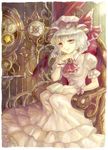  analog_clock arm_garter arm_rest ascot backlighting bad_id bad_pixiv_id bat_wings birdcage book breasts brooch cage chair chin_rest clock color_ink_(medium) curtains dress frilled_dress frills gears hand_on_own_chin hat hat_ribbon highres jewelry keiko_(mitakarawa) light long_dress looking_at_viewer mob_cap open_book paint_(medium) pink_dress railing red_eyes remilia_scarlet ribbon roman_numerals silver_hair sitting small_breasts smile smirk touhou traditional_media wings wrist_cuffs 