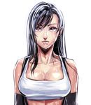  black_hair breasts cleavage collarbone covered_nipples crop_top final_fantasy final_fantasy_vii large_breasts lips long_hair looking_at_viewer nose okada_(hoooojicha) red_eyes solo tifa_lockhart upper_body wet 