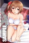  bed bra breasts brown_eyes brown_hair cleavage highres large_breasts miyabi_(miyabi_r18) original panties sample side_ponytail sitting solo strap_slip sweat underwear underwear_only 