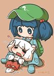 animal_ears backpack bad_id bad_pixiv_id bag blue_eyes blue_hair hair_bobbles hair_ornament hat inubashiri_momiji inunoko. kawashiro_nitori lying_on_person multiple_girls petting red_eyes short_hair sitting smile tail tail_wagging touhou translation_request two_side_up white_hair wolf_ears wolf_tail 