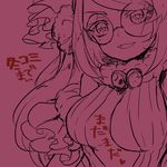  bare_shoulders breasts cleavage detached_sleeves fur_trim glasses hair_ornament heart highres large_breasts long_hair looking_at_viewer open_clothes open_mouth pikomarie purple_background puzzle_&amp;_dragons round_eyewear simple_background smile solo translation_request urd_(p&amp;d) 