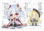  ahoge blonde_hair blush breasts character_request chibi comic edea_cluster hair_ornament hat matoi_(pso2) medium_breasts milkpanda multiple_girls open_mouth phantasy_star phantasy_star_online_2 pointy_ears red_eyes silver_hair sitting tears thighhighs translation_request 