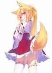  animal_ears blonde_hair cowboy_shot finger_to_mouth fox_ears fox_tail from_behind garter_straps japanese_clothes long_hair looking_at_viewer miko original ponytail red_eyes sketch skirt smile solo tail thighhighs white_background white_legwear yasumo_(kuusouorbital) 