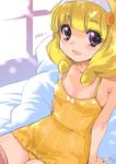  blonde_hair chemise dated dress flat_chest hairband inoue_sora kise_yayoi long_hair no_bra on_bed panties precure purple_eyes sitting smile_precure! solo thighhighs underwear white_hairband yellow_panties 
