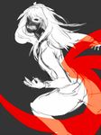  1girl bare_back black_background black_sclera eyepatch genderswap kaneki_ken long_hair looking_back mask monochrome monster_girl rough simple_background solo spot_color tentacle tokyo_ghoul 