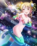  1girl blonde_hair breasts brown_eyes edited heart_hands idolmaster idolmaster_cinderella_girls morikubo_nono nipples nude nude_filter photoshop small_breasts solo stage tears thighhighs 