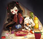  alternate_costume black_hair card commentary_request cookie eating finger_to_mouth food hairband horns isolated_island_oni kantai_collection kobone lolita_hairband long_hair mittens multiple_girls northern_ocean_hime pajamas playing_card red_eyes shinkaisei-kan sitting white_hair white_skin 