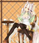  absurdres animal_ears blush breasts brown_eyes chair cleavage fox_ears highres large_breasts lipstick_tube long_hair looking_at_viewer open_mouth original shirohina silver_hair sitting smile solo thighhighs 