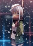  blurry blush breath cowboy_shot depth_of_field grey_eyes hands_in_pockets hibiki_(kantai_collection) highres jacket jungle_gym kantai_collection kiyomin long_hair looking_at_viewer pleated_skirt scarf skirt snow solo thighhighs verniy_(kantai_collection) very_long_hair white_hair zettai_ryouiki 