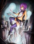  aionlights boots borrowed_character candle floating full_body ghost gloves green_eyes isabelle_(acerailgun) navel original purple_hair short_shorts shorts signature solo thighhighs tongue tongue_out watermark web_address 