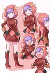  angry arashi_sora blush boots character_sheet crying fake_horns gloves high_heel_boots high_heels highres hood hoodie horned_headwear kagari_(pokemon) pokemon pokemon_(game) pokemon_oras purple_eyes purple_hair ribbed_sweater short_hair sweater team_magma translation_request uniform 