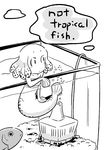  aquarium bubble comic english fish fish_tank greyscale highres mermaid minigirl monochrome monster_girl nobuyoshi-zamurai original partially_submerged solo strapless tubetop 