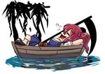  1girl arms_behind_head boat breasts eyes_closed female geta hair_bobbles hair_ornament hashiro large_breasts lying on_back onozuka_komachi open_mouth red_hair saliva scythe sleeping solo tabi tongue touhou twintails 