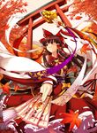  arm_up autumn bell bow brown_hair detached_sleeves hair_bow hair_tubes hakurei_reimu highres japanese_clothes jingle_bell kagura_suzu leaf long_hair long_skirt miko ofuda ouma_tokiichi red_eyes skirt solo torii touhou wide_sleeves yin_yang 