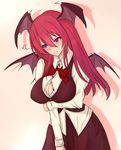  bat_wings bow breasts cleavage coco_(r5m) dress_shirt head_wings highres koakuma large_breasts long_hair long_sleeves red_eyes red_hair shirt simple_background skirt solo touhou untucked_shirt vest wings 