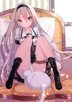  bad_id bad_pixiv_id belt blue_eyes cat collarbone hair_between_eyes hairband kneehighs legs_up long_hair looking_at_viewer matsuha_shuu original panties pantyshot pantyshot_(sitting) shoes silver_hair sitting skirt smile solo underwear very_long_hair white_panties 