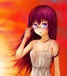  aki99 bare_shoulders glasses highres long_hair original purple_eyes purple_hair solo sunset wind 