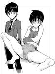  bad_id bad_pixiv_id barefoot black_hair blush bulge coin_rand greyscale halftone highres looking_at_viewer male_focus monochrome navel necktie original shorts spread_legs sweat tank_top white_background 